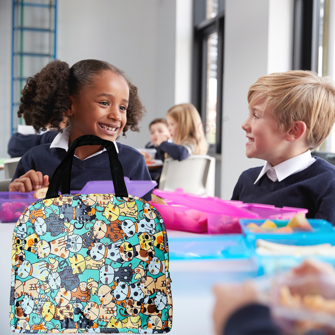 KARBD Insulated Lunch Box Bag with Aluminium Foil Insulation - Green Yellow Kitten Design