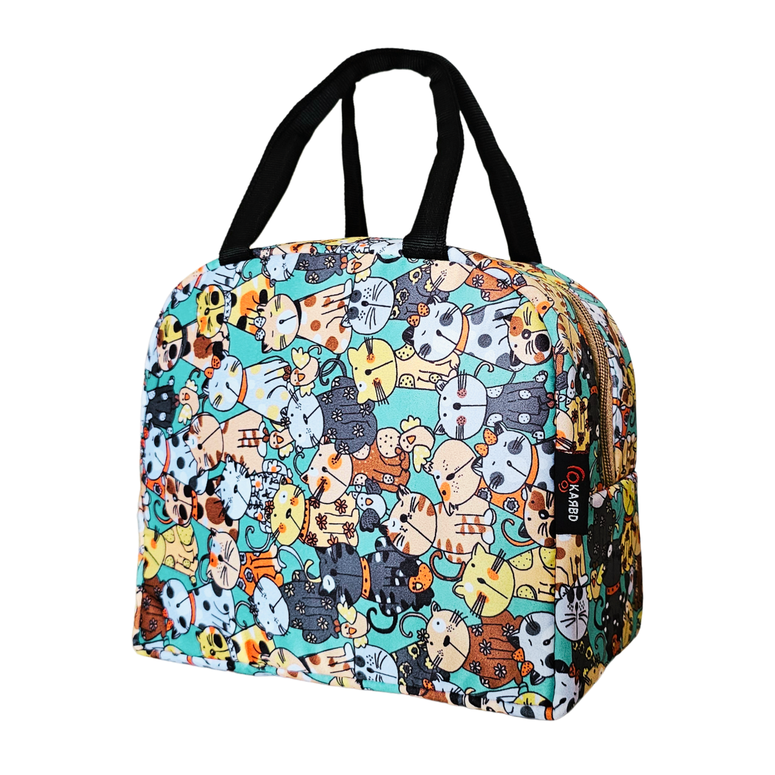KARBD Insulated Lunch Box Bag with Aluminium Foil Insulation - Green Yellow Kitten Design