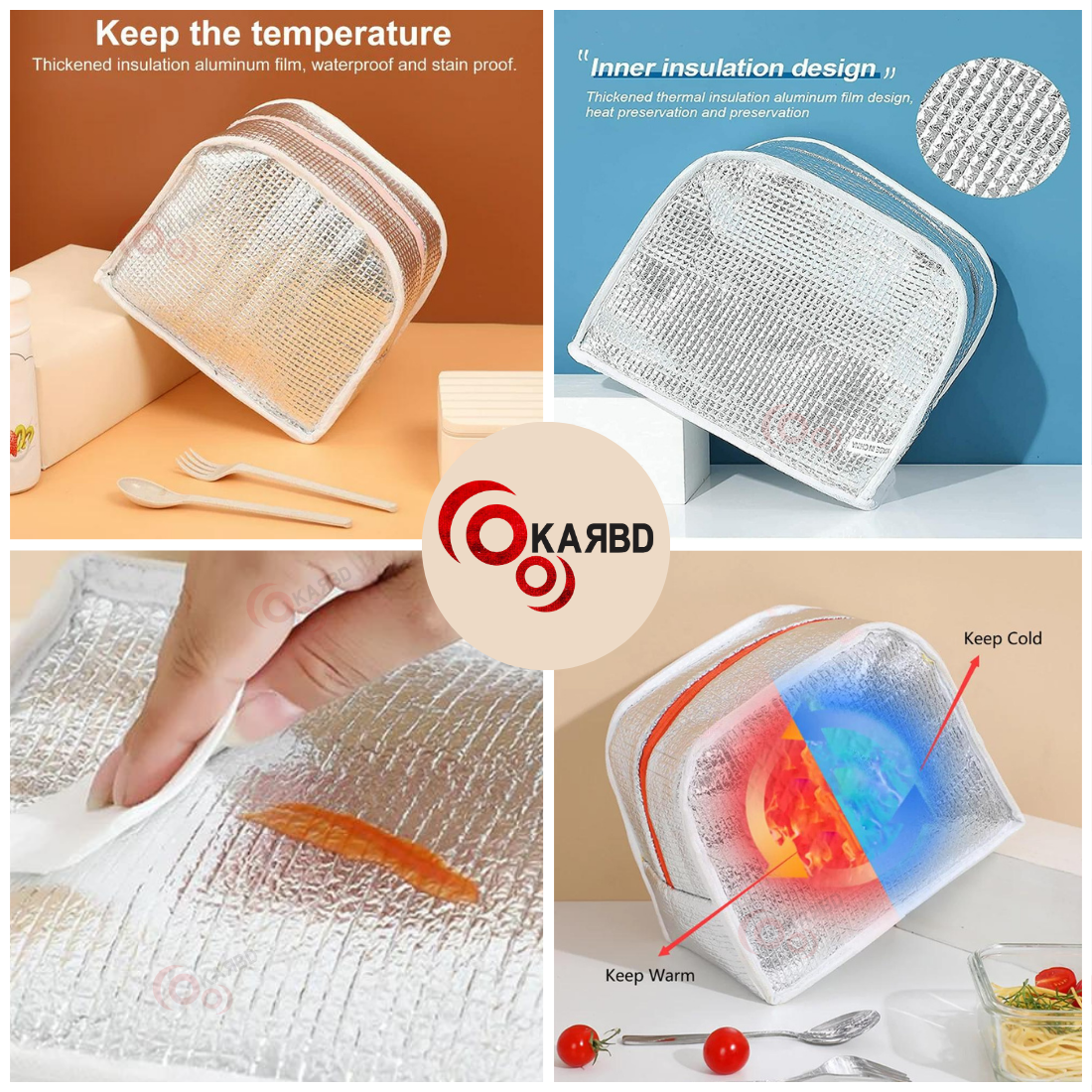 KARBD Insulated Lunch Box Bag with Aluminium Foil Insulation - Green Yellow Kitten Design