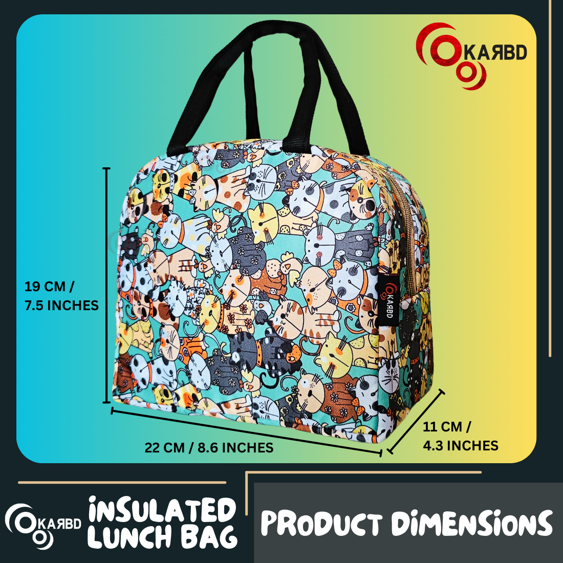 KARBD Insulated Lunch Box Bag with Aluminium Foil Insulation - Green Yellow Kitten Design