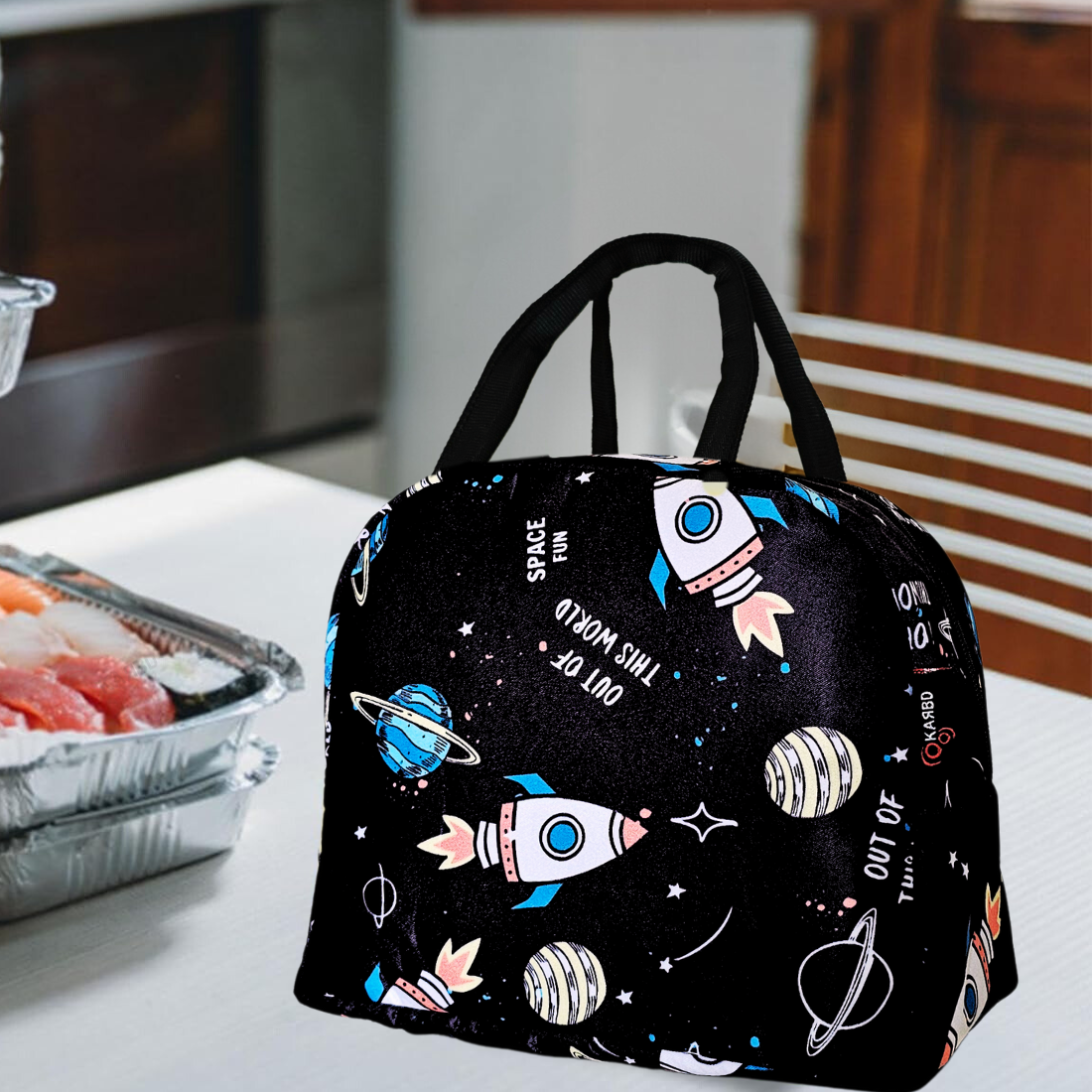 KARBD Insulated Lunch Box Bag with Aluminium Foil Insulation - Black Space Fun