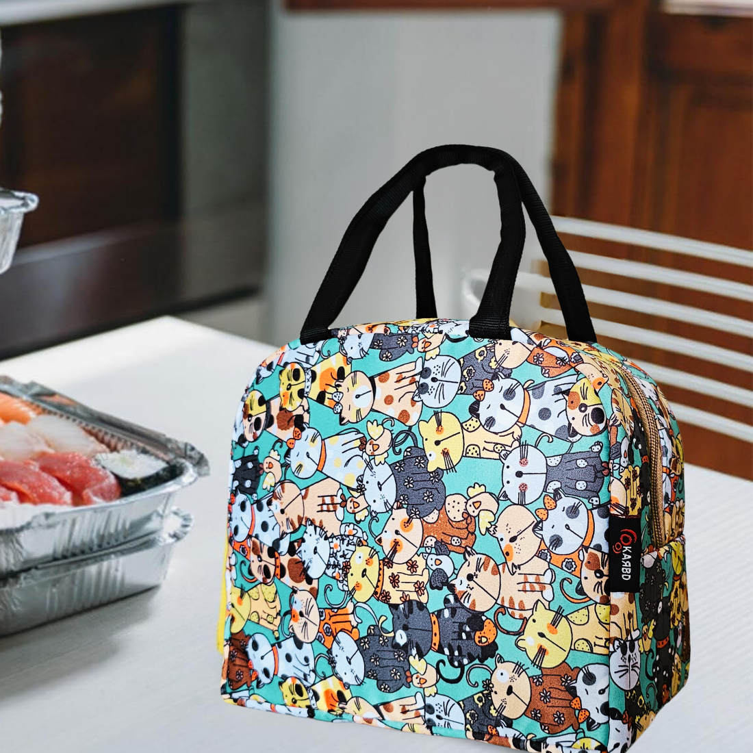 KARBD Insulated Lunch Box Bag with Aluminium Foil Insulation - Green Yellow Kitten Design